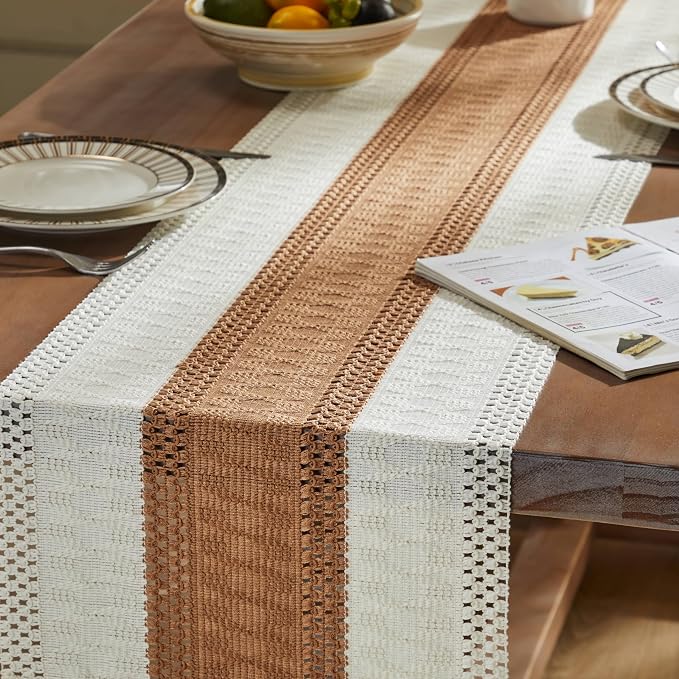 Macrame Style Bicolor Stitching Table Runner 14x90in Caramel | Woven Boho Table - Image 5