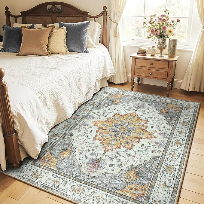 RELEANY Area Rugs 4'x5' Washable Non-Slip, Floral Vintage Distress Medallion - Image 2