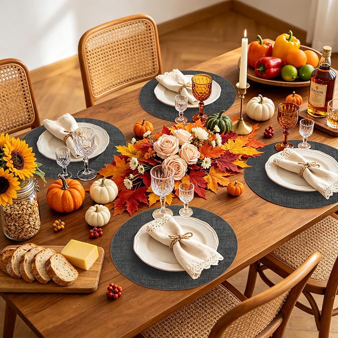 Maxpearl Faux Leather Round Placemats Set of 6, 13.8 inch, Dark Grey | - Image 4