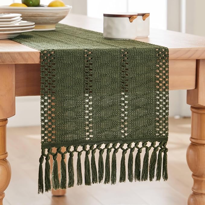 Macrame Style Boho Table Runner, 12x48 Inch Olive | Woven Boho Table Runner - Image 7