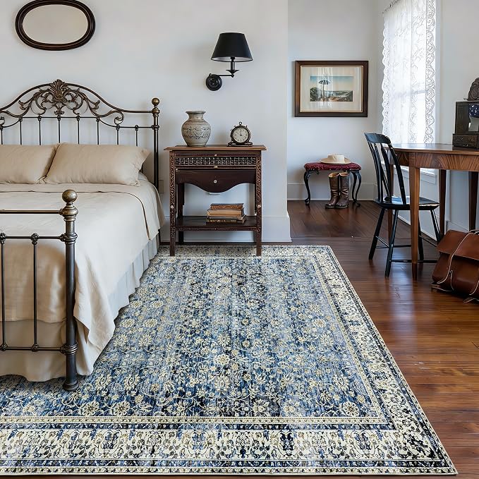 Large Area Rug for Living Room Vintage Blue Non Slip Washable Rugs 9x12 Neutral - Image 5