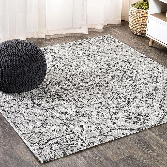 JONATHAN Y Boho Medallion Indoor Outdoor Square Area Rug 5X5 Black/Gray by JONATHANY