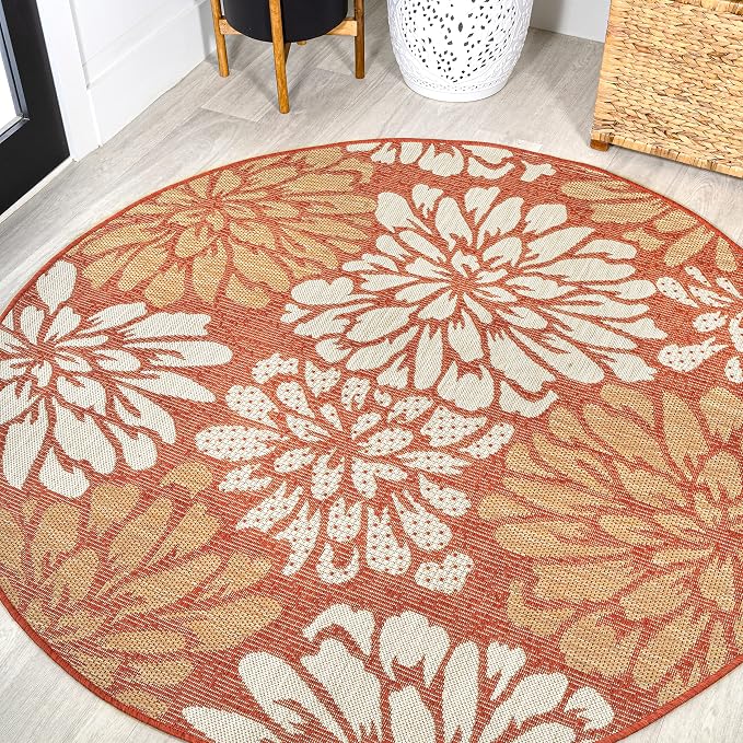 JONATHAN Y Floral Textured Weave Indoor Outdoor Round Area Rug 5 Ft Orange/Cream by JONATHANY