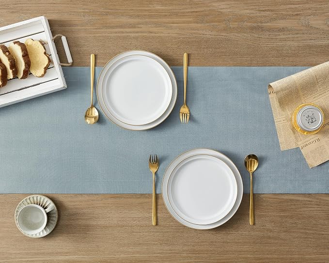 Linen Textured Border Table Runner, 14 x 48 Inch Blue | Mitered Corner Design - Image 3