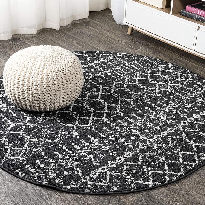 JONATHAN Y Boho Vintage Diamond Black/Ivory Round Area Rug 8 ft, Moroccan Hype by JONATHANY