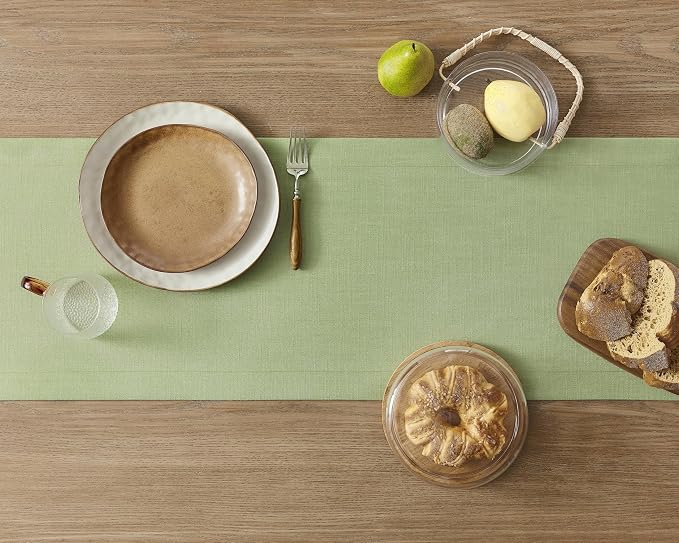 Linen Textured Border Table Runner, 14 x 60 Inch Green | Mitered Corner Design - Image 4