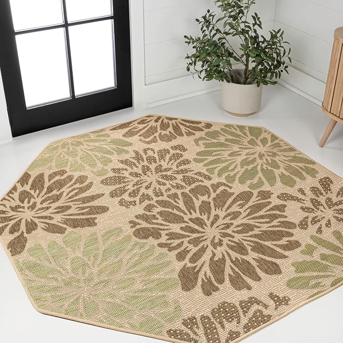 JONATHAN Y Floral Textured Weave Indoor Outdoor Octagon Area Rug 5 Ft Sage/Brown by JONATHANY