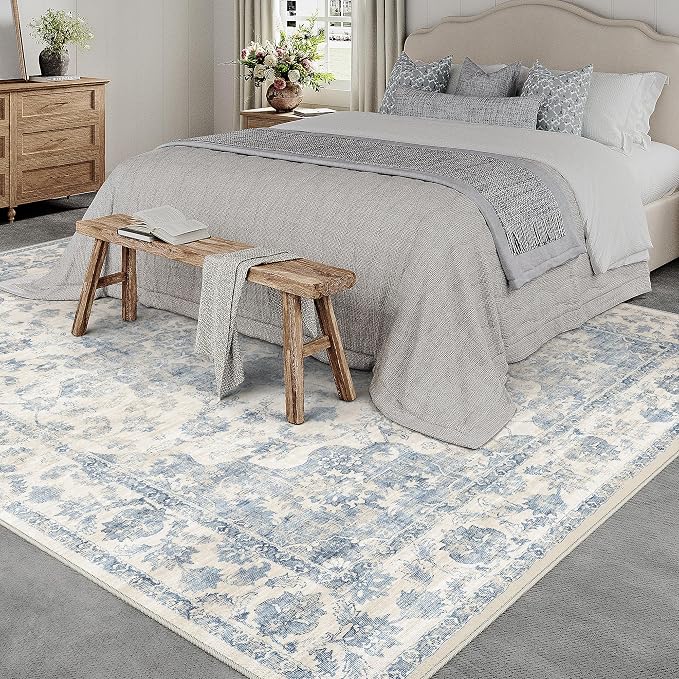 9x12 Neutral Area Rug Blue Vintage Living Room Bedroom Washable Carpet Non-Slip - Image 2