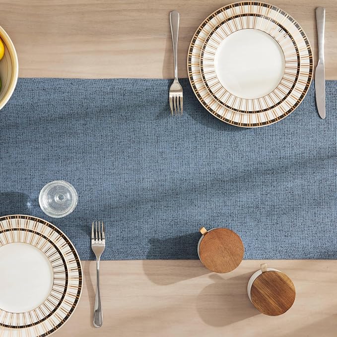 Burlap Style Farmhouse Table Runner, 14x90 Inches Blue | Thick Durable Fabric - Image 4