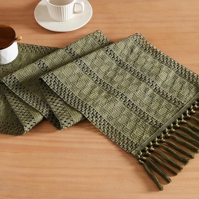 Macrame Style Boho Table Runner, 12x36 Inch Moss | Woven Boho Table Runner by ZEEMARTONLINE