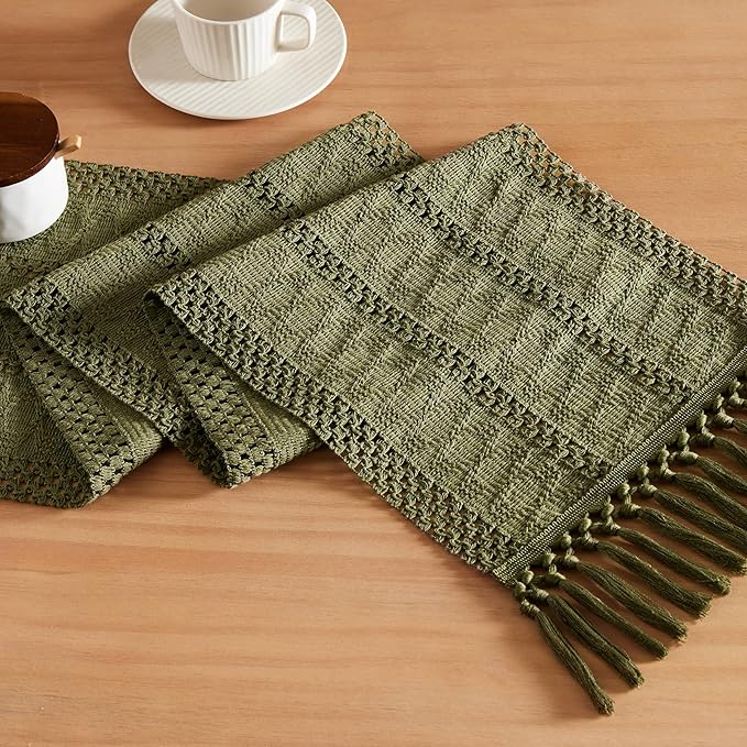 Macrame Style Boho Table Runner, 12x90 Inch Moss | Woven Boho Table Runner by ZEEMARTONLINE