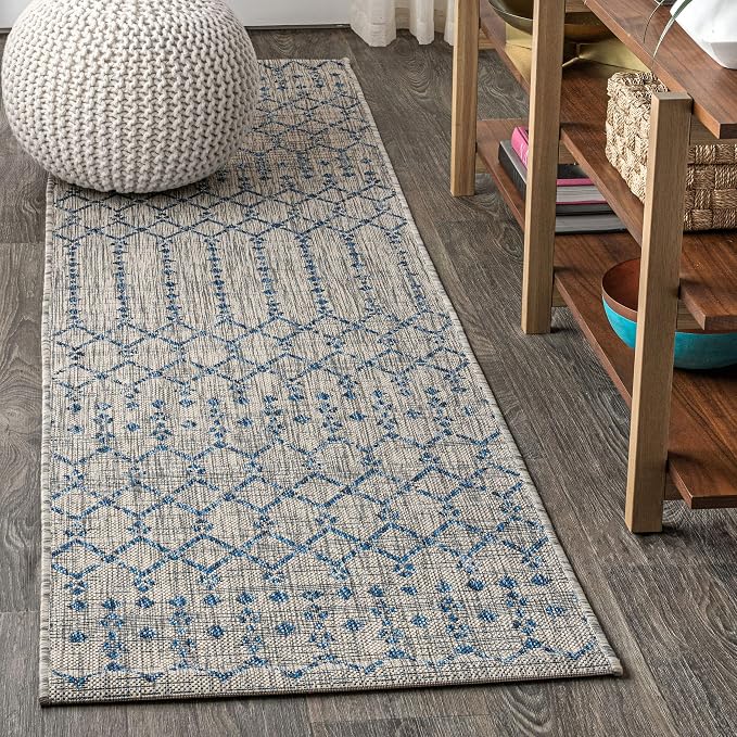 JONATHAN Y Moroccan Geometric Indoor Outdoor Runner Rug 2X10 Light Gray/Navy by JONATHANY
