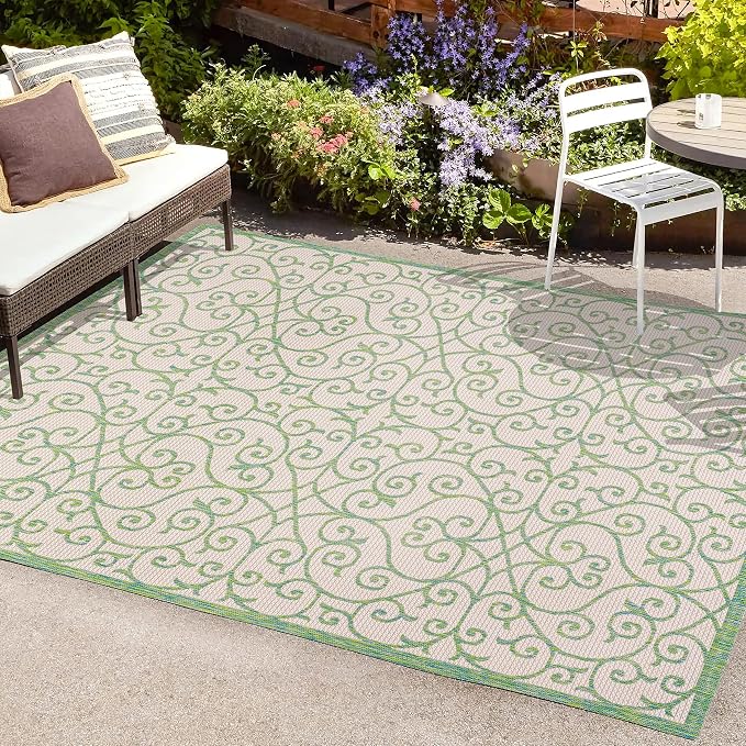 JONATHAN Y Vintage Filigree Indoor Outdoor Area Rug 4X6 Cream/Green, Madrid - Image 4