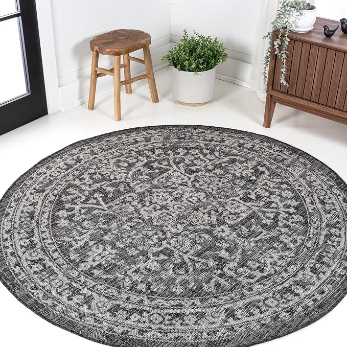 JONATHAN Y Boho Medallion Indoor Outdoor Round Area Rug 4 Ft Black/Gray - Image 3