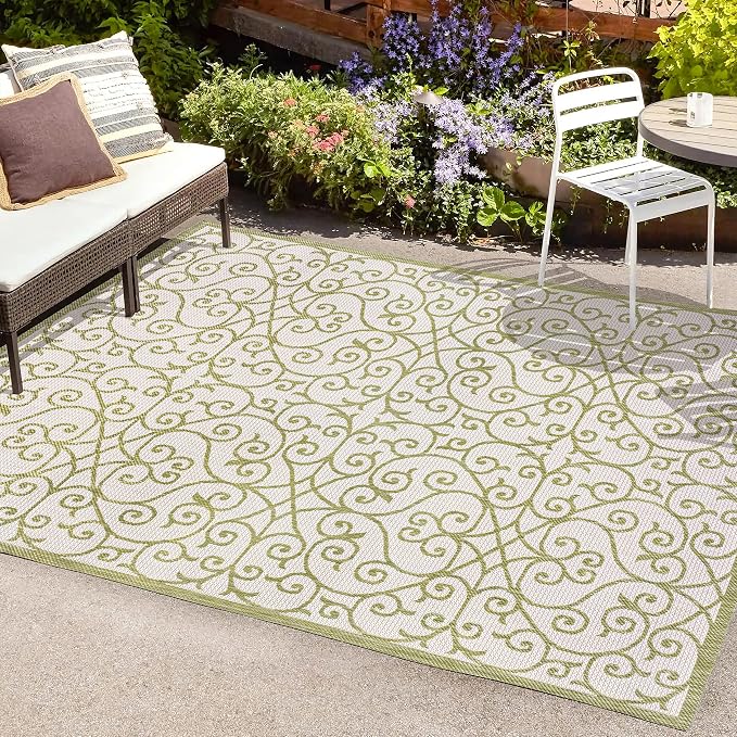 JONATHAN Y Vintage Filigree Indoor Outdoor Area Rug 4X6 Green/Cream, Madrid - Image 4