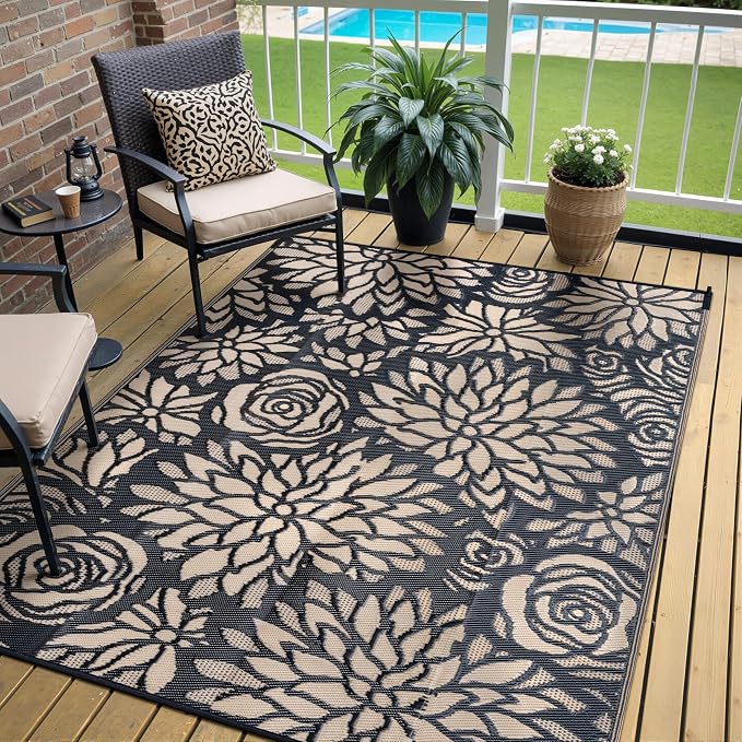 Outdoor Plastic Straw Rug Waterproof Patio 5x8 Black Brown Floral Mat by WondRg