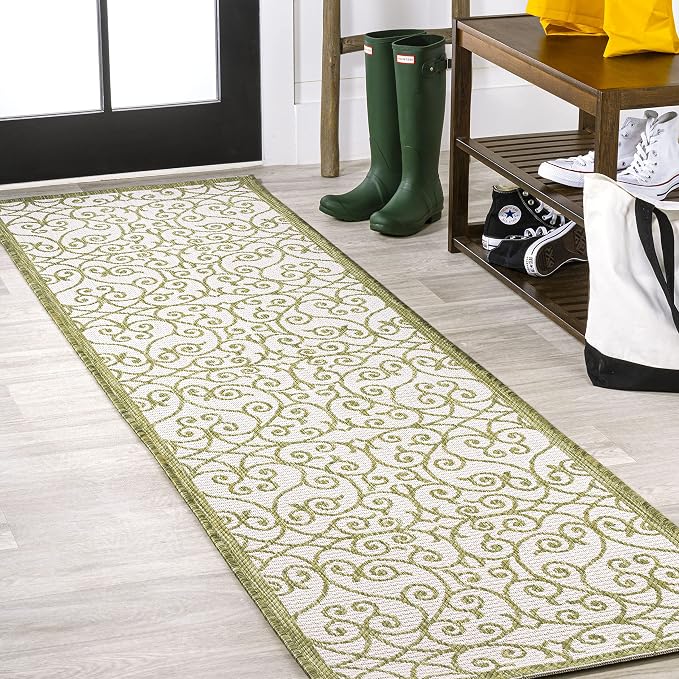 JONATHAN Y Vintage Filigree Indoor Outdoor Runner Rug 2X8 Green/Cream, Madrid by JONATHANY