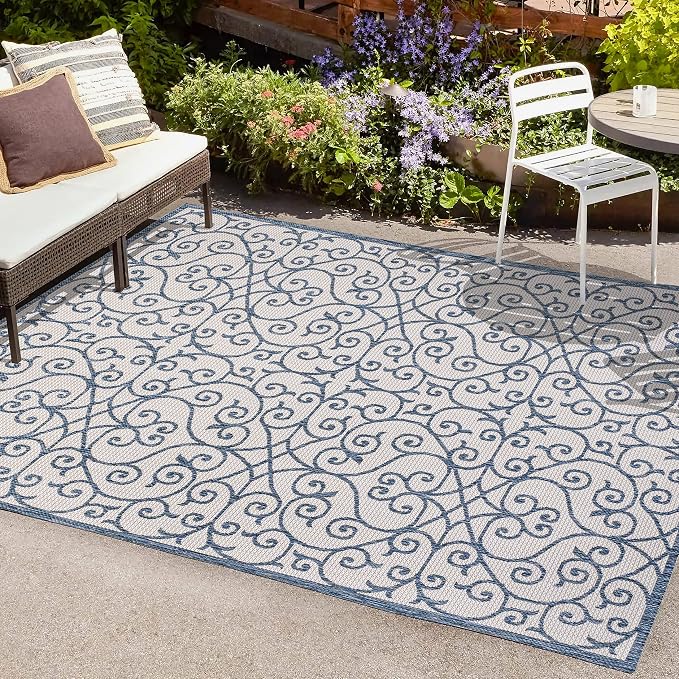 JONATHAN Y Vintage Filigree Indoor Outdoor Area Rug 9X12 Blue/Cream, Madrid - Image 3