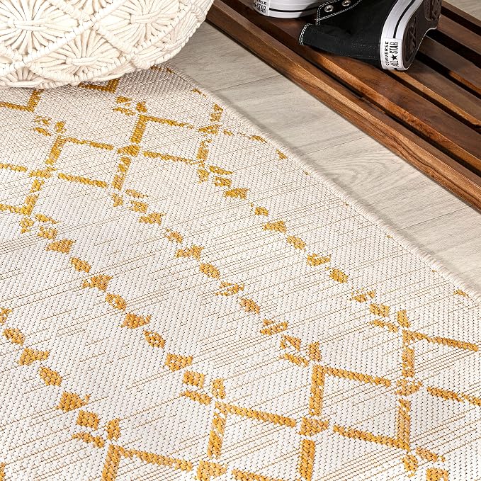 JONATHAN Y Moroccan Geometric Indoor Outdoor Round Area Rug 5 Ft Cream/Yellow - Image 5