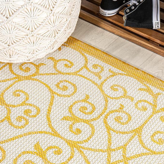 JONATHAN Y Vintage Filigree Indoor Outdoor Round Area Rug 5 Ft Cream/Yellow - Image 5