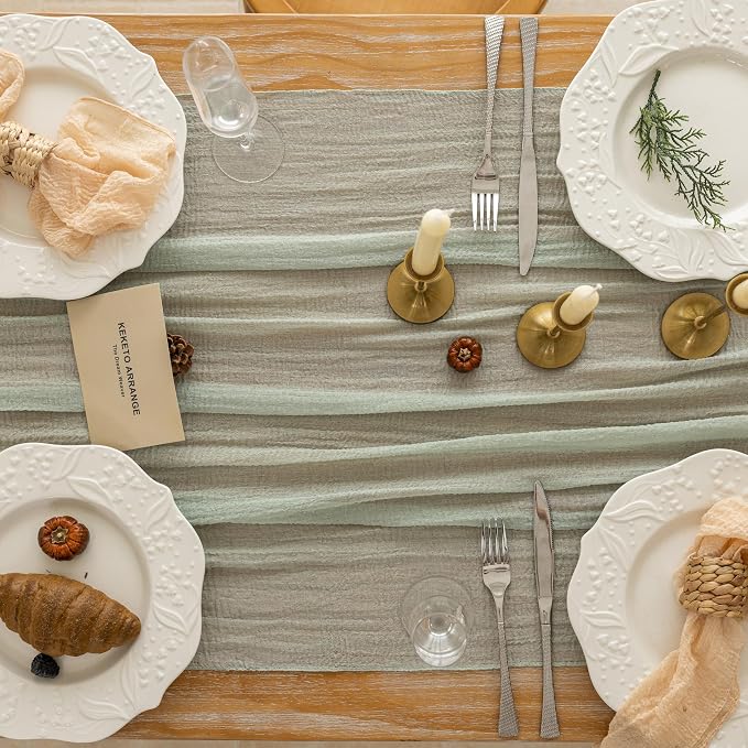 2Pcs Sage Green Cheesecloth Table Runner 120 Inches - Image 3