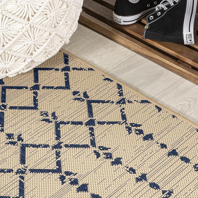 JONATHAN Y Moroccan Geometric Indoor Outdoor Round Area Rug 6 Ft Beige/Navy - Image 6