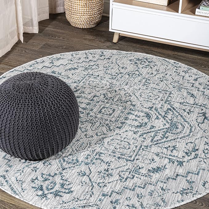 JONATHAN Y Boho Medallion Indoor Outdoor Round Area Rug 8 Ft Teal/Gray by JONATHANY
