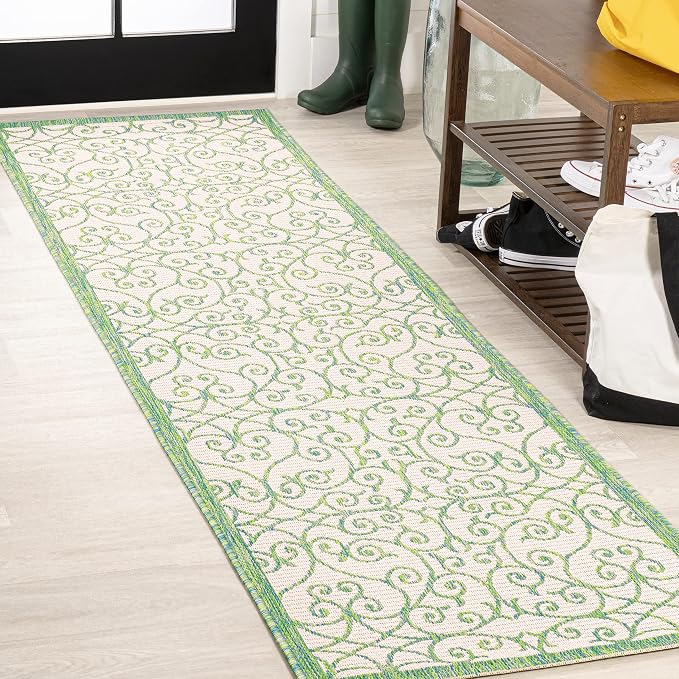 JONATHAN Y Vintage Filigree Indoor Outdoor Runner Rug 2X10 Cream/Green by JONATHANY