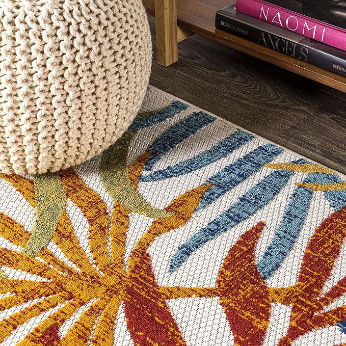 JONATHAN Y Tropics Palm Leaves Indoor Outdoor Square Area Rug 6X6 Cream/Orange - Image 4