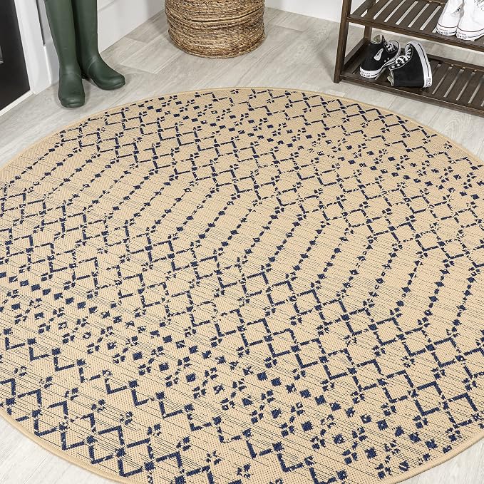 JONATHAN Y Moroccan Geometric Indoor Outdoor Round Area Rug 6 Ft Beige/Navy by JONATHANY