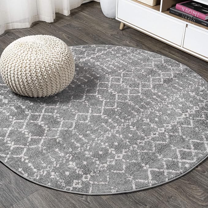 JONATHAN Y Boho Vintage Diamond Gray/Ivory Round Area Rug 7 ft, Moroccan Hype by JONATHANY