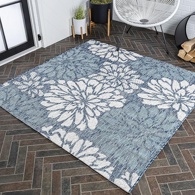 JONATHAN Y Floral Textured Weave Indoor Outdoor Square Area Rug 5X5 Navy/Aqua by JONATHANY