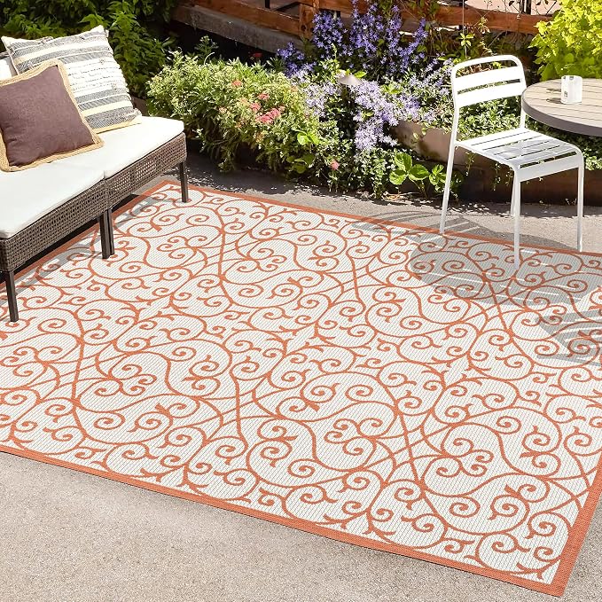JONATHAN Y Vintage Filigree Indoor Outdoor Area Rug 3X5 Cream/Orange, Madrid - Image 3