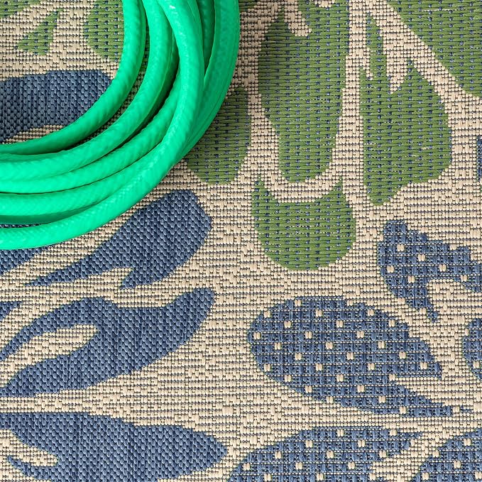 JONATHAN Y Floral Textured Weave Indoor Outdoor Square Area Rug 4X4 Navy/Green - Image 3