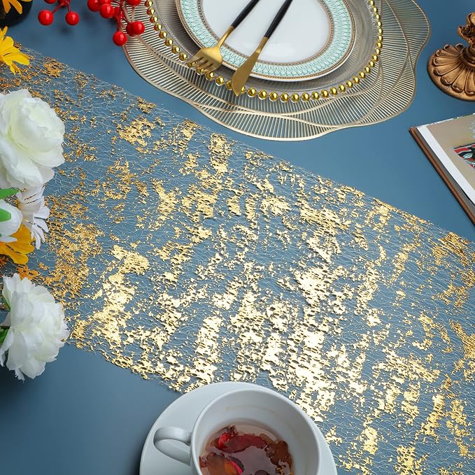 Snowkingdom 2 Pieces Gold Table Runner, Sequin Glitter Foil Metallic Thin Mesh - Image 3
