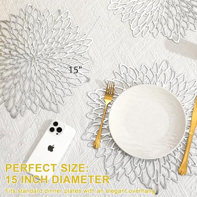 Set of 8 Round Placemats Silver, Heat-Resistant PVC Table Mats - Image 4