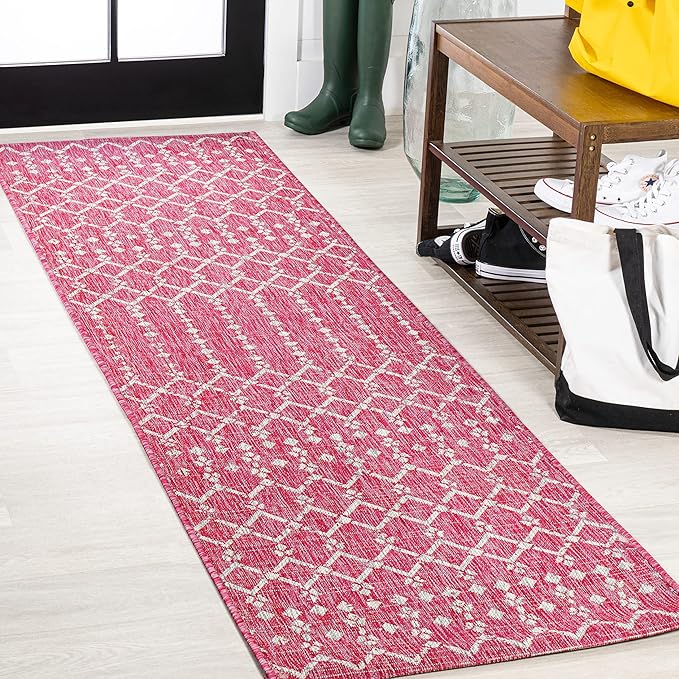 JONATHAN Y Moroccan Geometric Indoor Outdoor Runner Rug 2X8 Fuchsia/Light Gray by JONATHANY