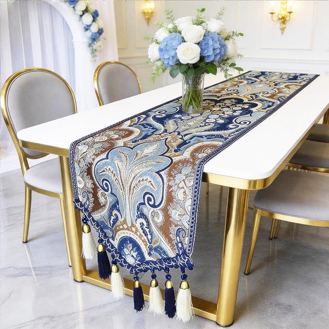 Victorian Jacquard Table Runner 63" Navy Blue - Image 7