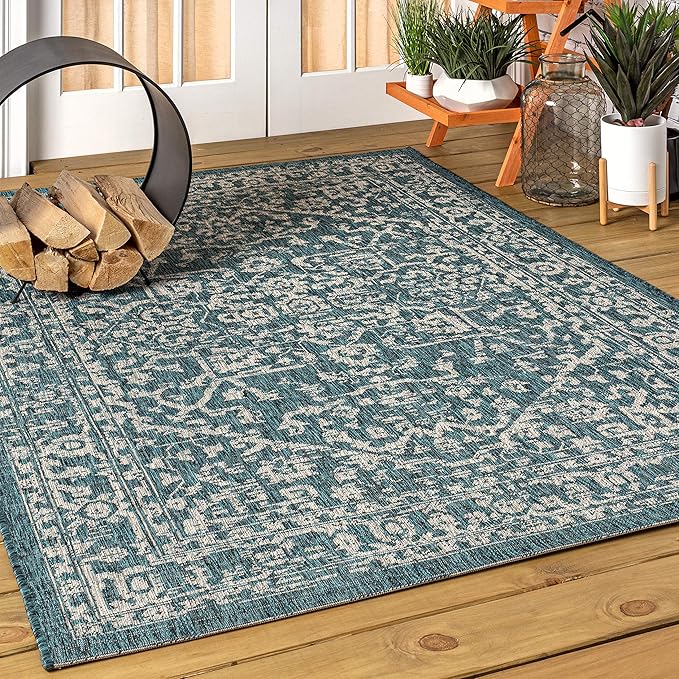 JONATHAN Y Boho Medallion Indoor Outdoor Area Rug 4X6 Teal/Gray, Malta Textured - Image 3