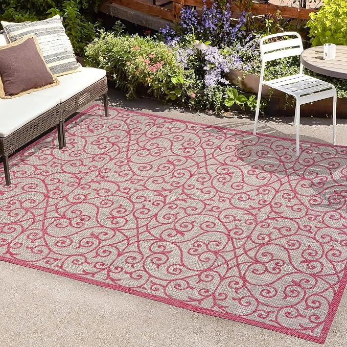 JONATHAN Y Vintage Filigree Indoor Outdoor Area Rug 4X6 Light Gray/Fuchsia - Image 3