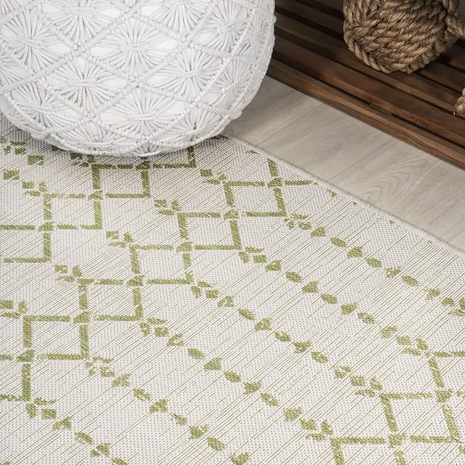 JONATHAN Y Moroccan Geometric Indoor Outdoor Round Area Rug 5 Ft Cream/Green - Image 3