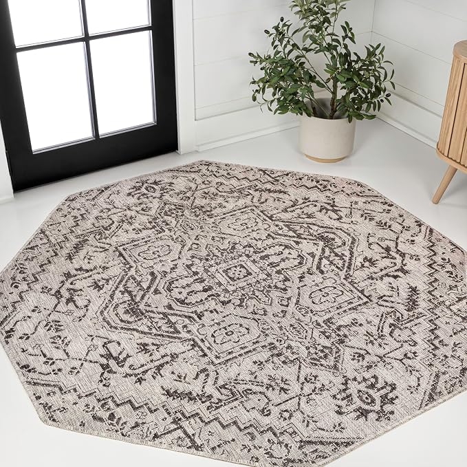 JONATHAN Y Boho Medallion Indoor Outdoor Octagon Area Rug 8 Ft Black/Gray by JONATHANY