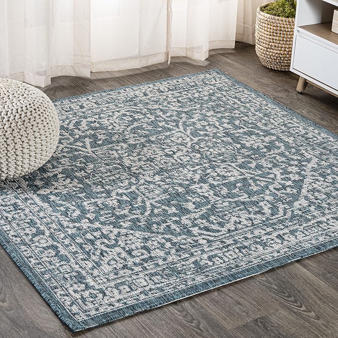 JONATHAN Y Boho Medallion Indoor Outdoor Square Area Rug 8X8 Teal/Gray by JONATHANY
