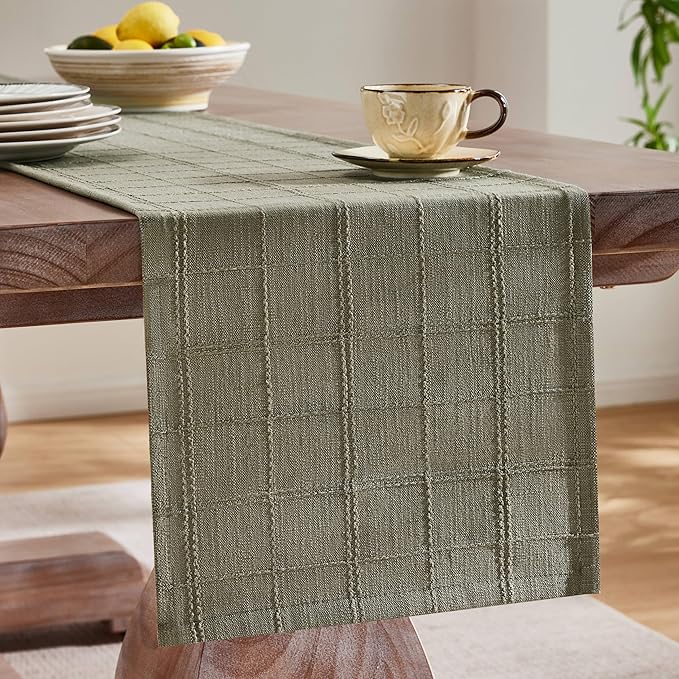Linen Checked Farmhouse Table Runner, 13x36 Inches Olive | Raised Grid Design - Image 4