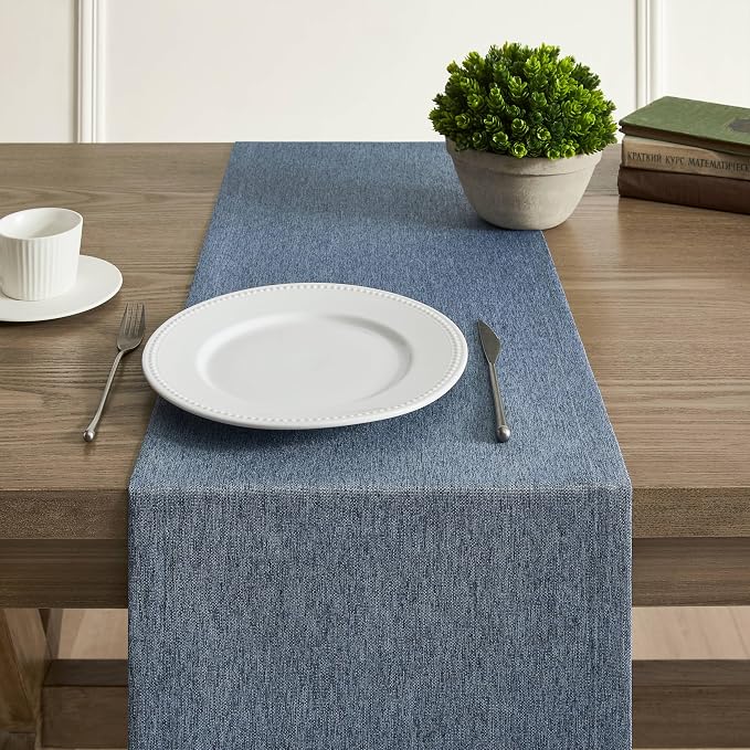 Basic Linen Style Table Runner, 14x60 Inch Navy Blue | Mitered Corner Design - Image 5