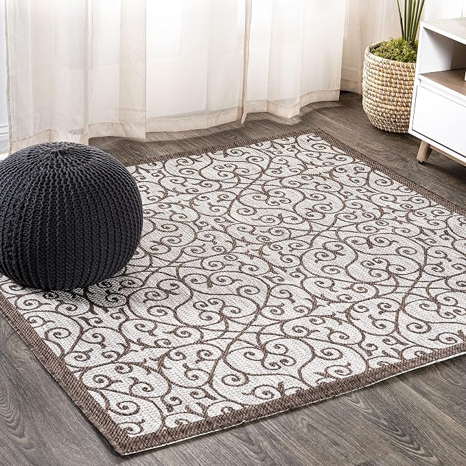 JONATHAN Y Vintage Filigree Indoor Outdoor Square Area Rug 8X8 Taupe/Espresso by JONATHANY