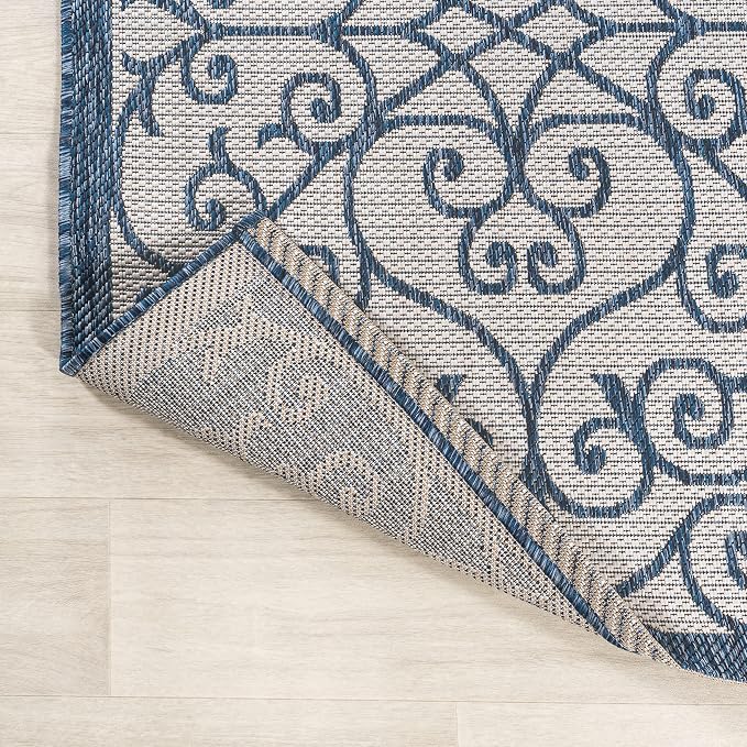 JONATHAN Y Vintage Filigree Indoor Outdoor Round Area Rug 5 Ft Blue/Cream - Image 3