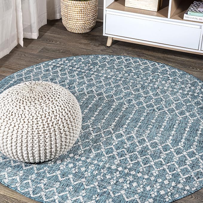 JONATHAN Y Moroccan Geometric Indoor Outdoor Round Area Rug 4 Ft Teal/Gray by JONATHANY