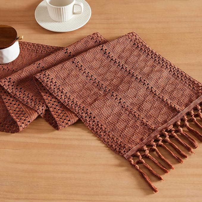 Macrame Style Boho Table Runner, 12x90 Inch Terracotta | Woven Boho Table Runner by ZEEMARTONLINE