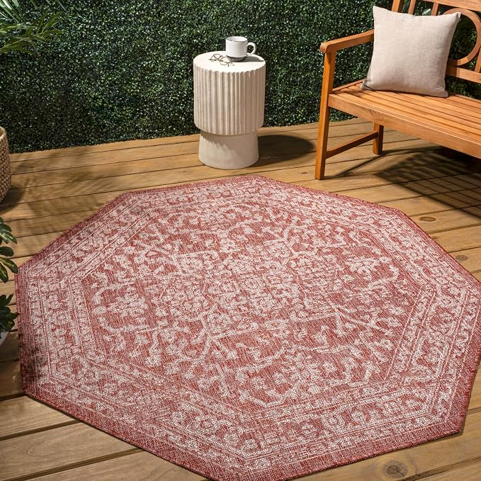 JONATHAN Y Boho Medallion Indoor Outdoor Octagon Area Rug 5 Ft Red/Taupe - Image 3